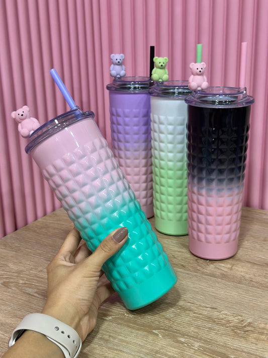 💖🥤 Vaso Cute con Osito Decorativo – Tumbler Reutilizable de Colores 🌟🐻