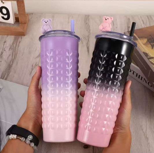 💖🥤 Vaso Cute con Osito Decorativo – Tumbler Reutilizable de Colores 🌟🐻